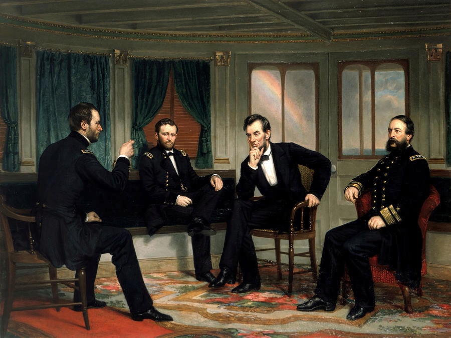 The Peacemakers, 1868 — George P.A. Healy. Lincoln and his generals plan the end of the Civil War.